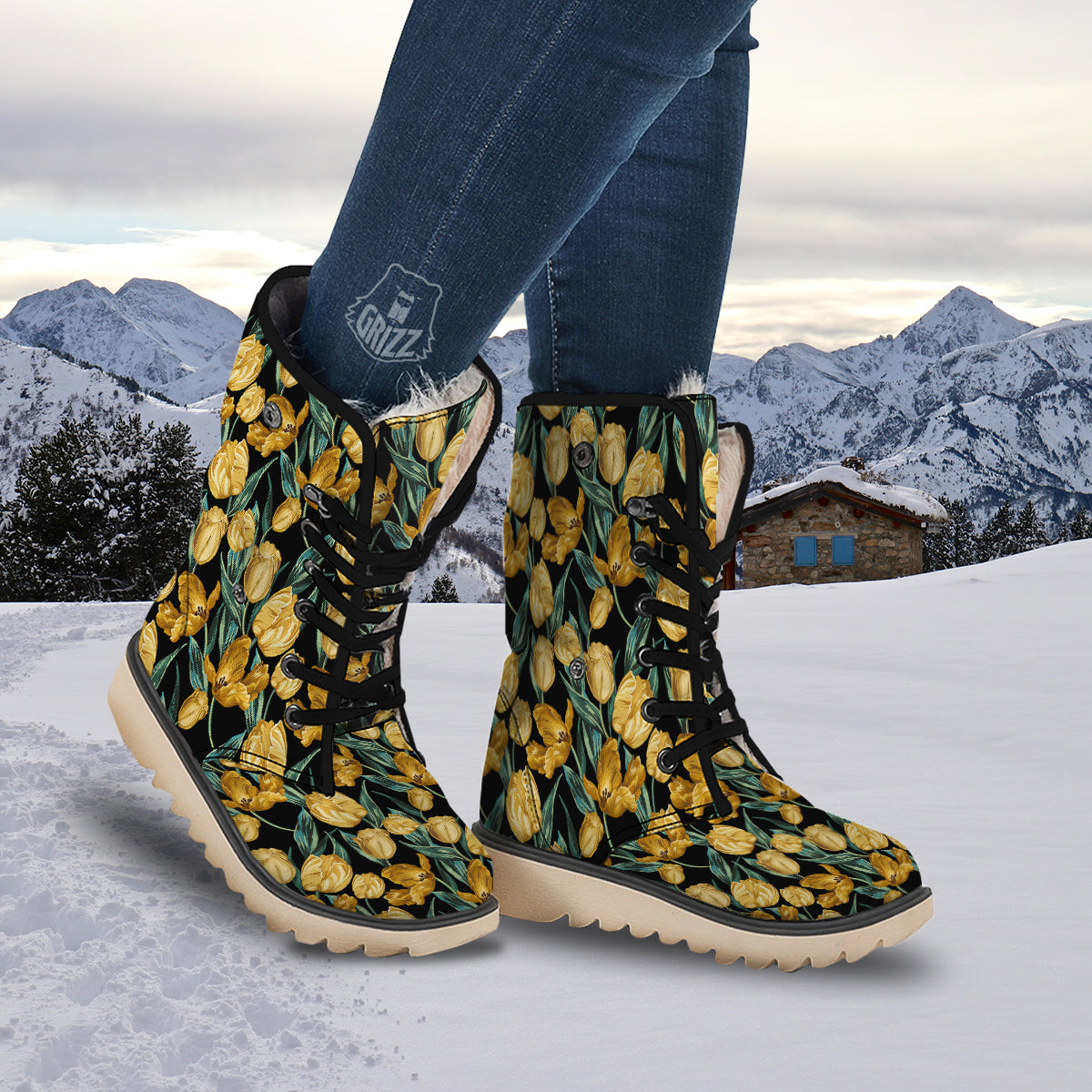 Tulip Yellow Print Pattern Snow Boots-grizzshop