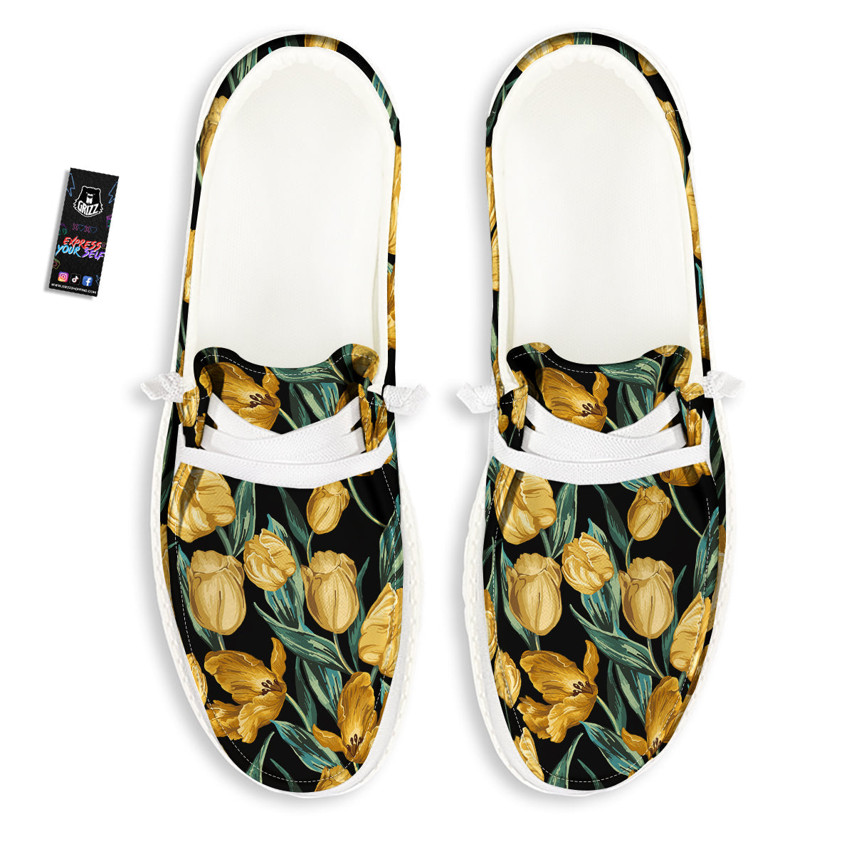 Tulip Yellow Print Pattern White Loafers-grizzshop