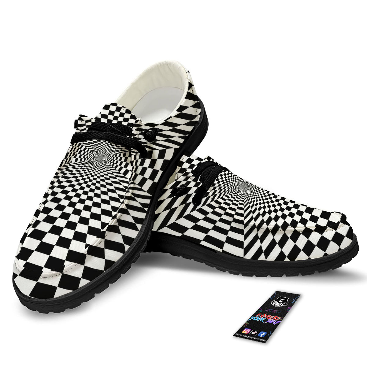 Tunnel Illusion White And Black Print Black Loafers-grizzshop