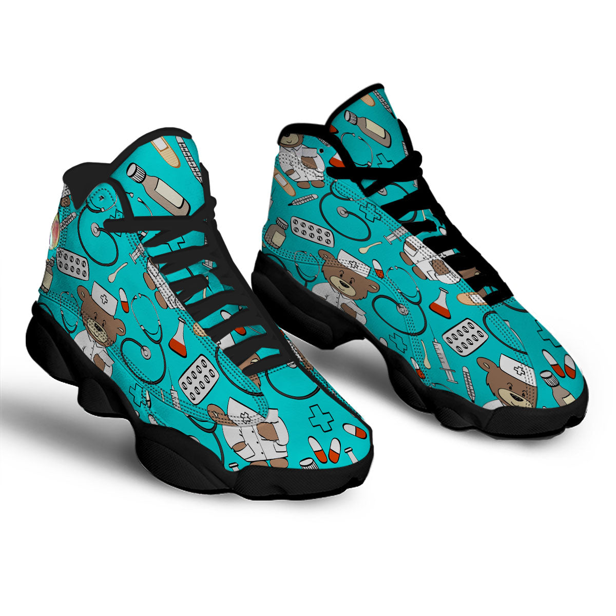 Turquoise Teddy Bear Nurse Black Basketball Shoes-grizzshop