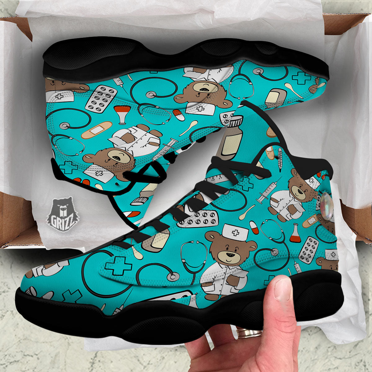 Turquoise Teddy Bear Nurse Black Basketball Shoes-grizzshop