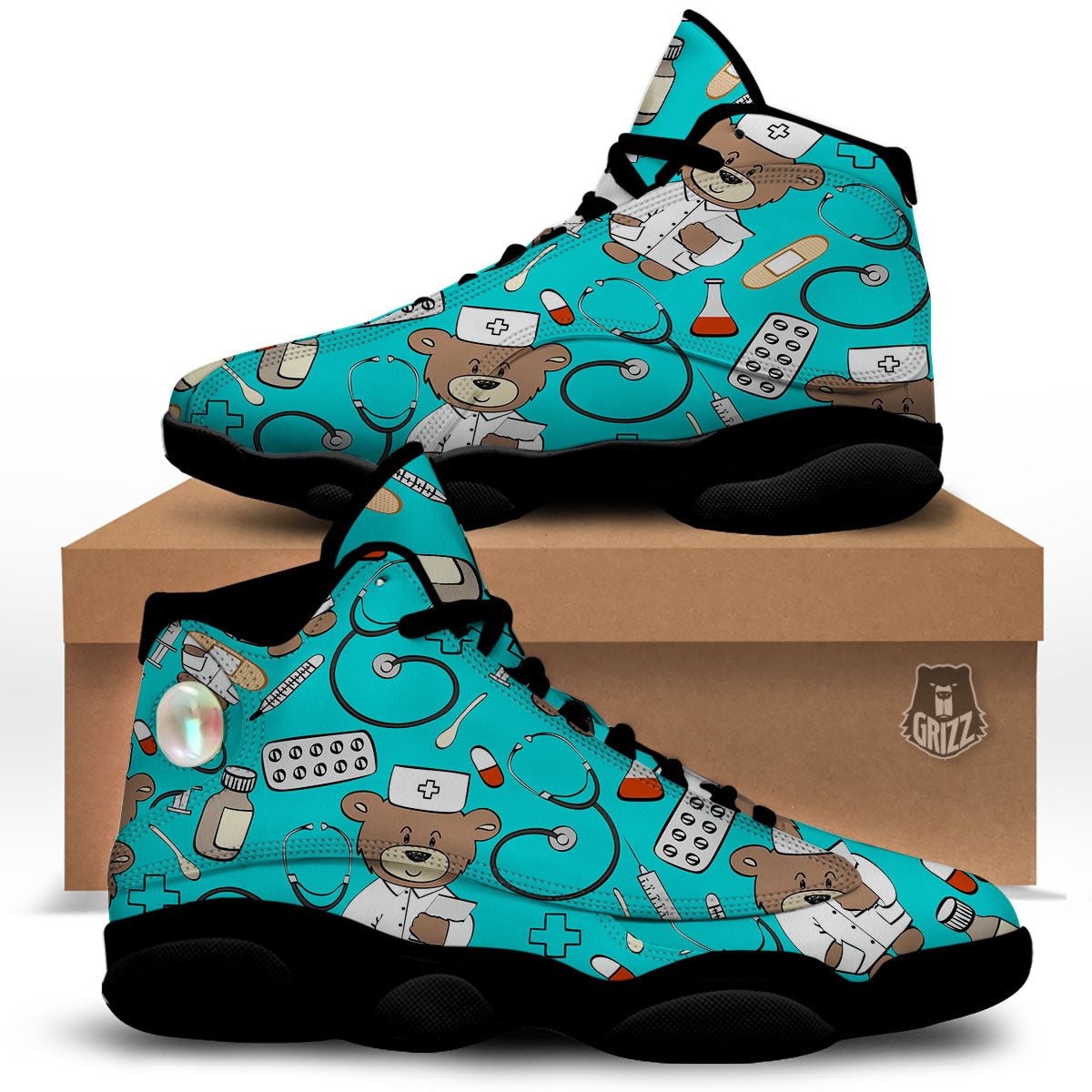 Turquoise Teddy Bear Nurse Black Basketball Shoes-grizzshop