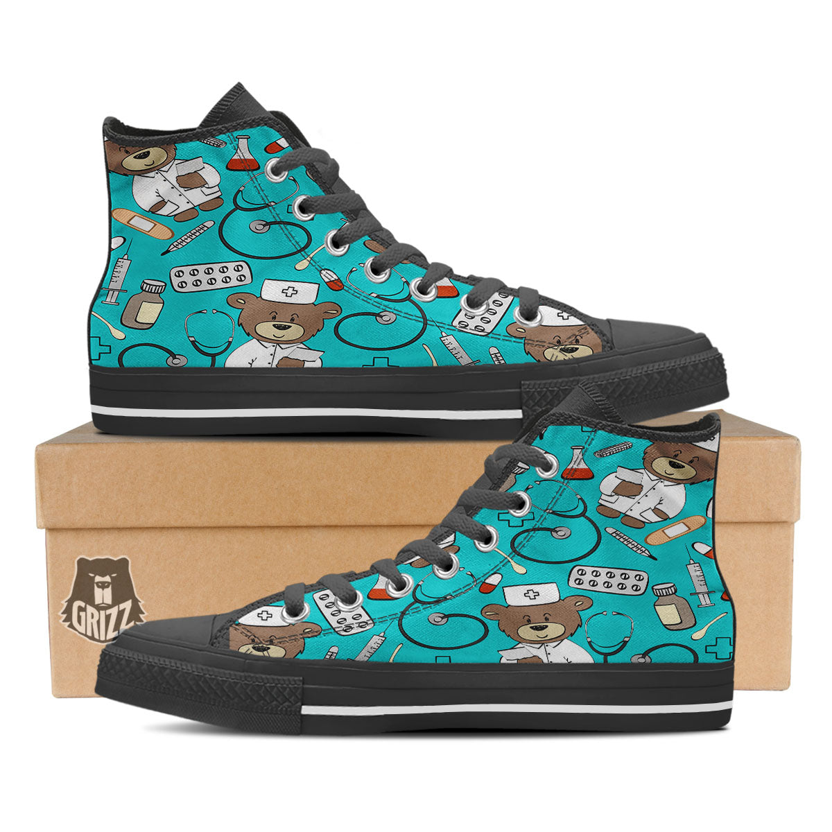 Turquoise Teddy Bear Nurse Black High Top Shoes-grizzshop