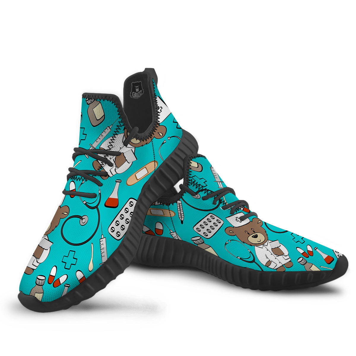 Turquoise Teddy Bear Nurse Black Walking Shoes-grizzshop