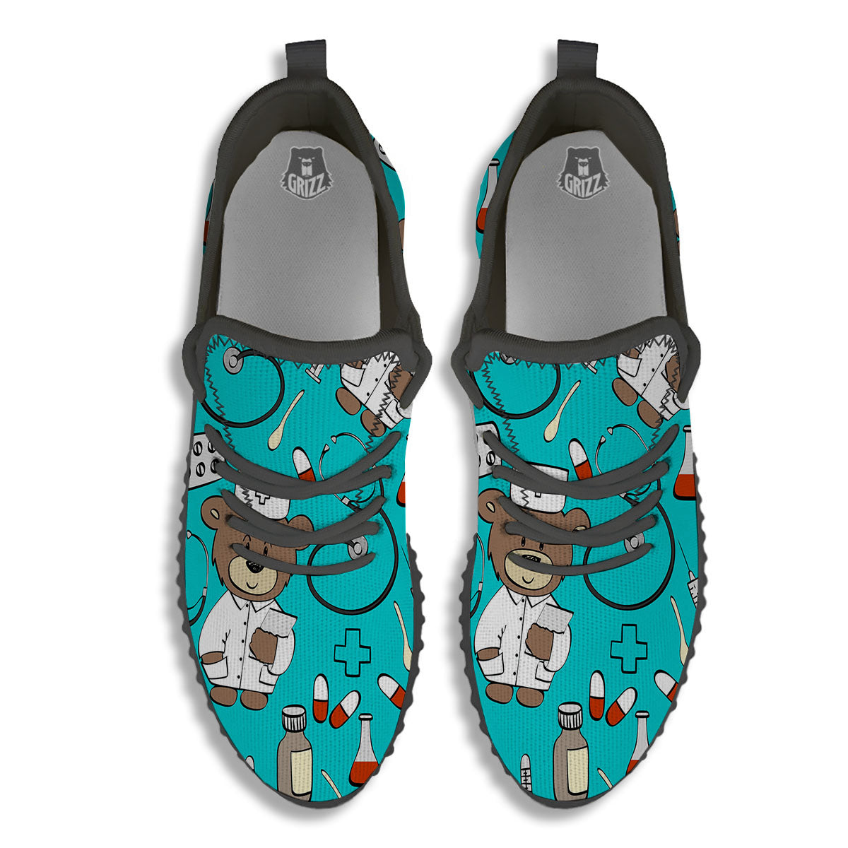 Turquoise Teddy Bear Nurse Black Walking Shoes-grizzshop