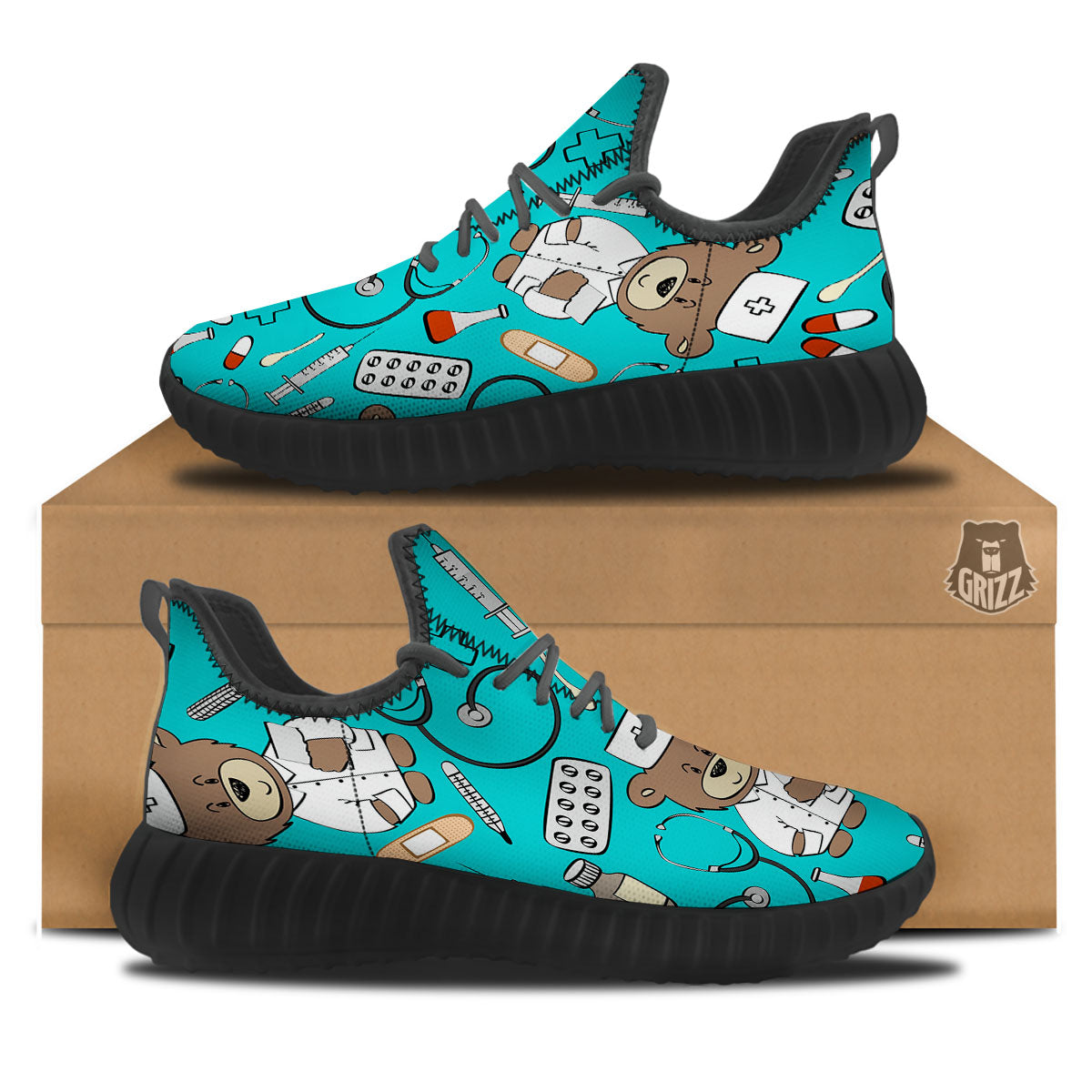 Turquoise Teddy Bear Nurse Black Walking Shoes-grizzshop