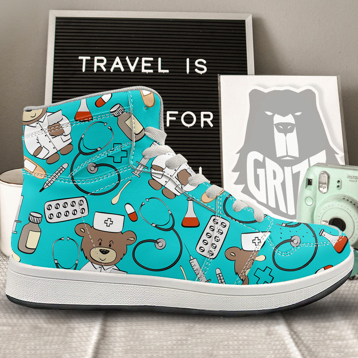 Turquoise Teddy Bear Nurse High Top Sneakers-grizzshop