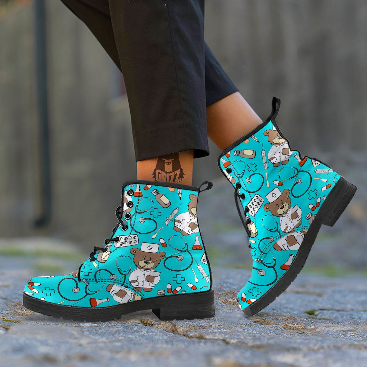 Turquoise Teddy Bear Nurse Leather Boots-grizzshop