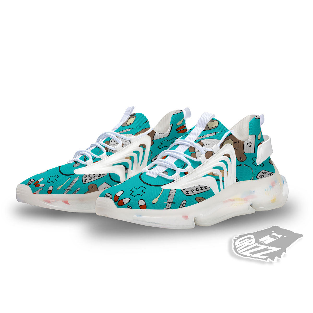 Turquoise Teddy Bear Nurse White Gym Shoes-grizzshop