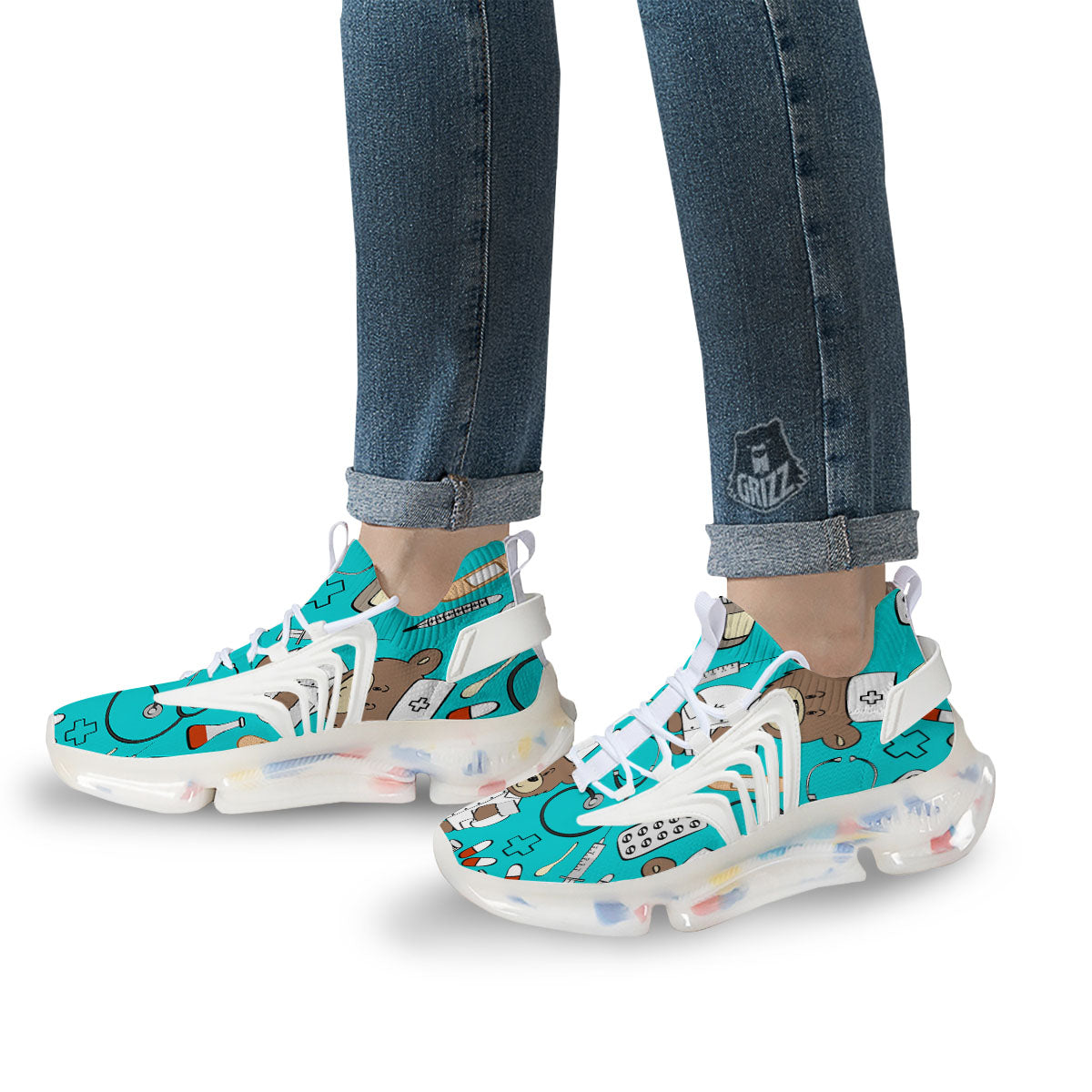 Turquoise Teddy Bear Nurse White Gym Shoes-grizzshop