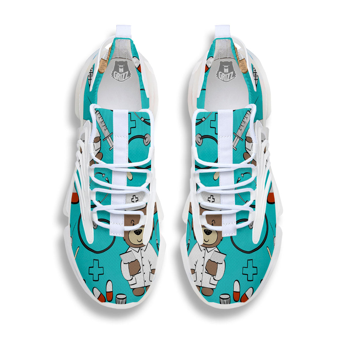 Turquoise Teddy Bear Nurse White Gym Shoes-grizzshop