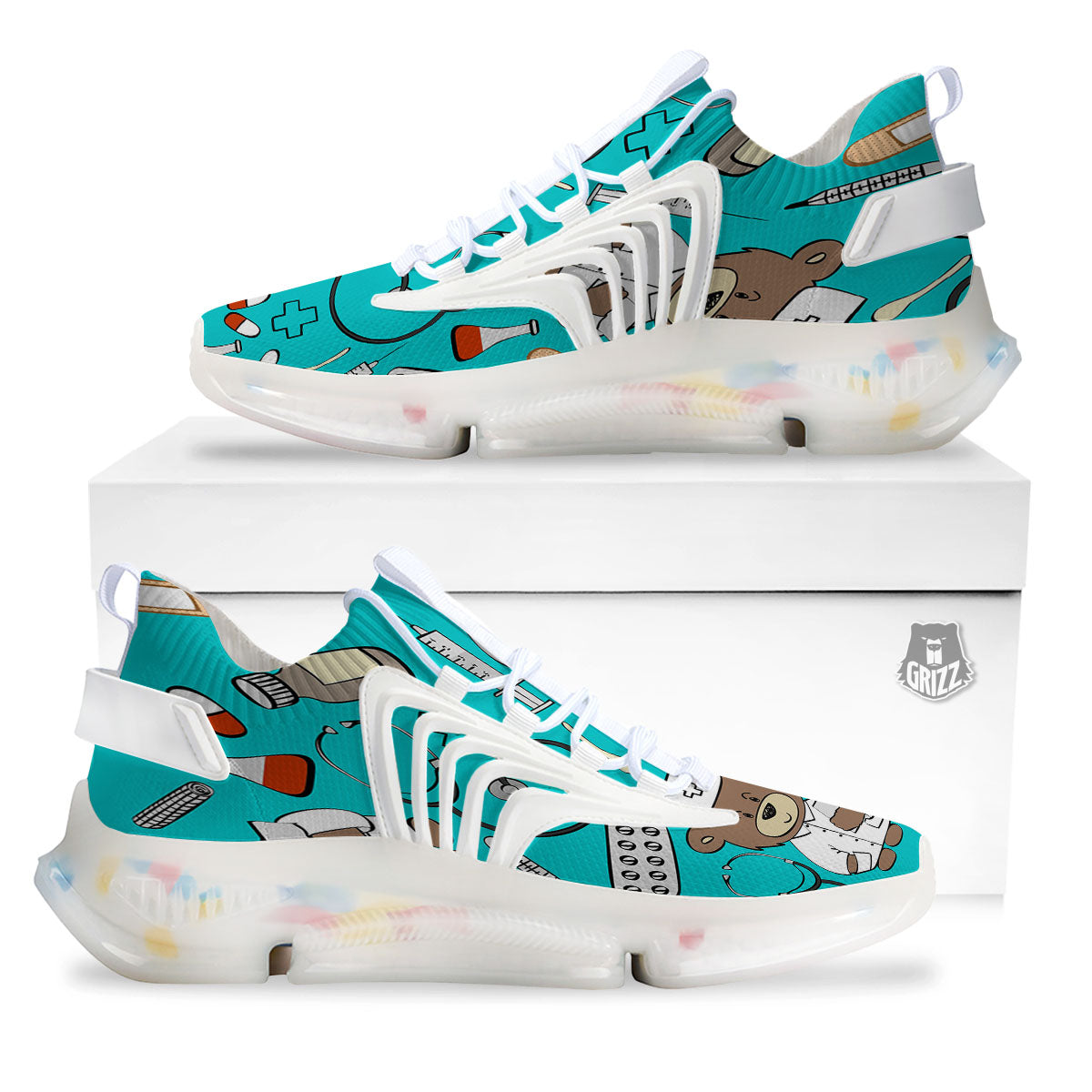 Turquoise Teddy Bear Nurse White Gym Shoes-grizzshop