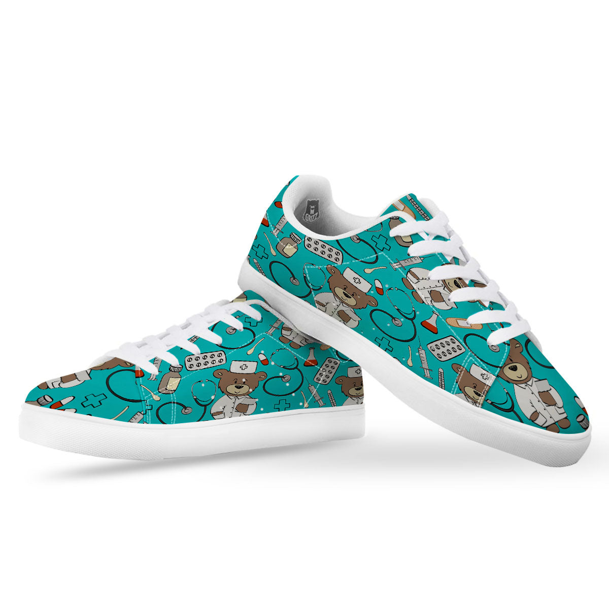 Turquoise Teddy Bear Nurse White Low Top Sneakers-grizzshop