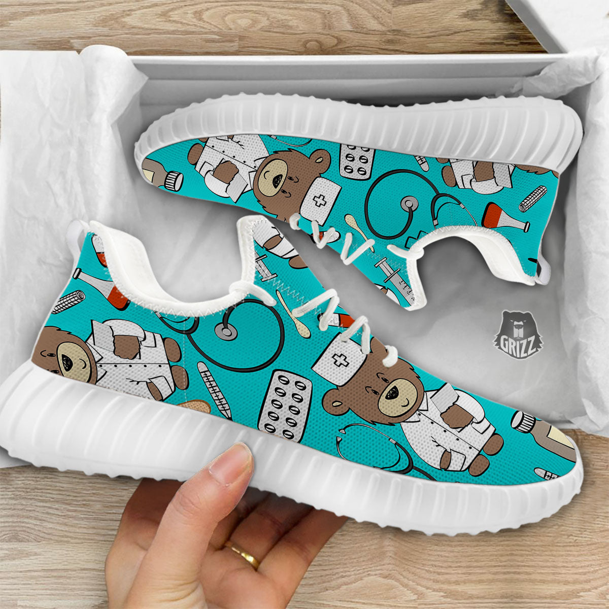 Turquoise Teddy Bear Nurse White Walking Shoes-grizzshop