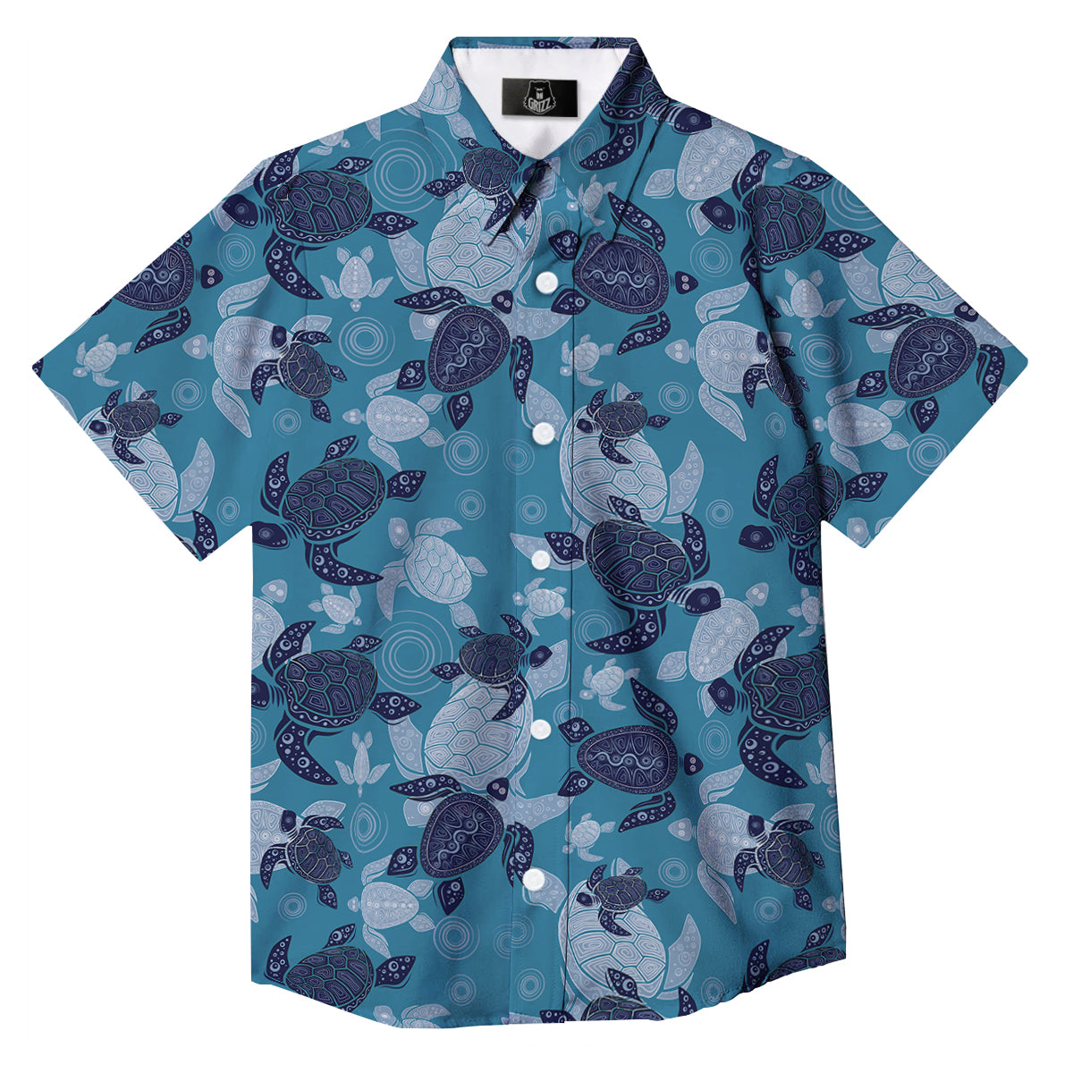Turtle Blue And White Print Pattern Button Up Shirt-grizzshop