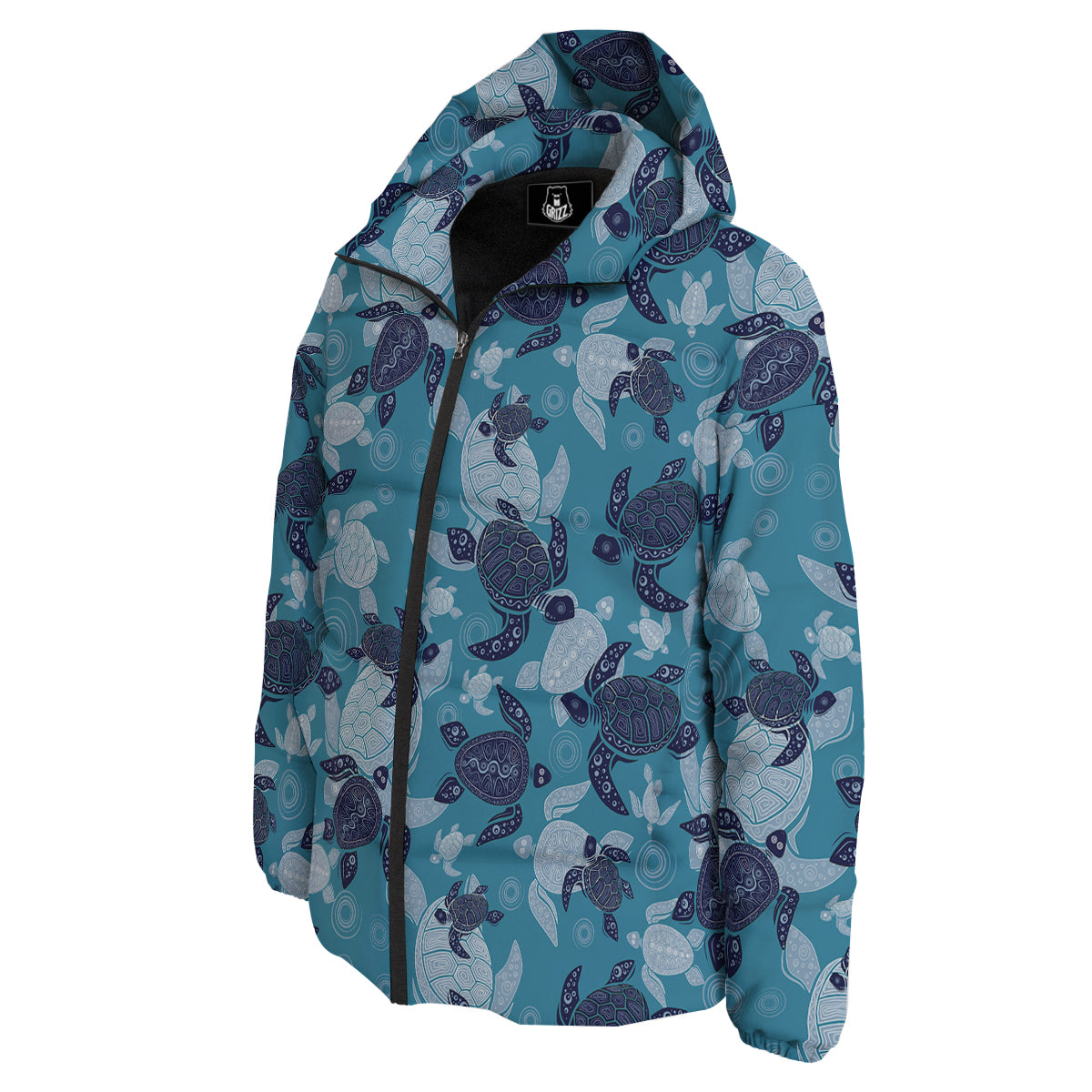 Turtle Blue And White Print Pattern Down Jacket-grizzshop