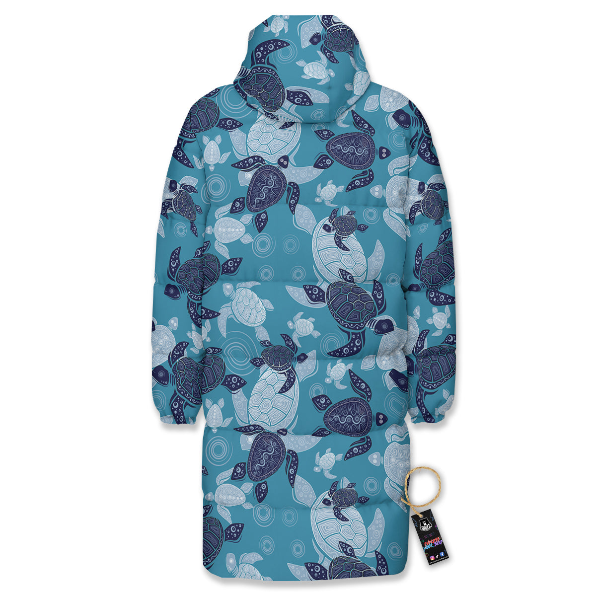Turtle Blue And White Print Pattern Long Down Jacket-grizzshop