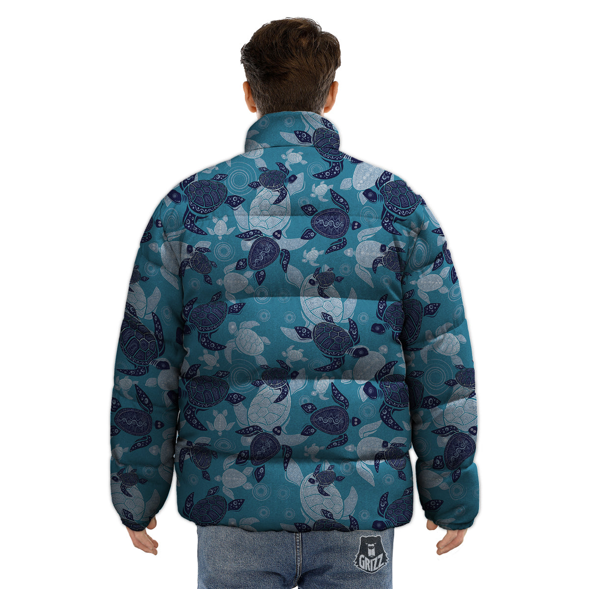 Turtle Blue And White Print Pattern Puffer Jacket-grizzshop