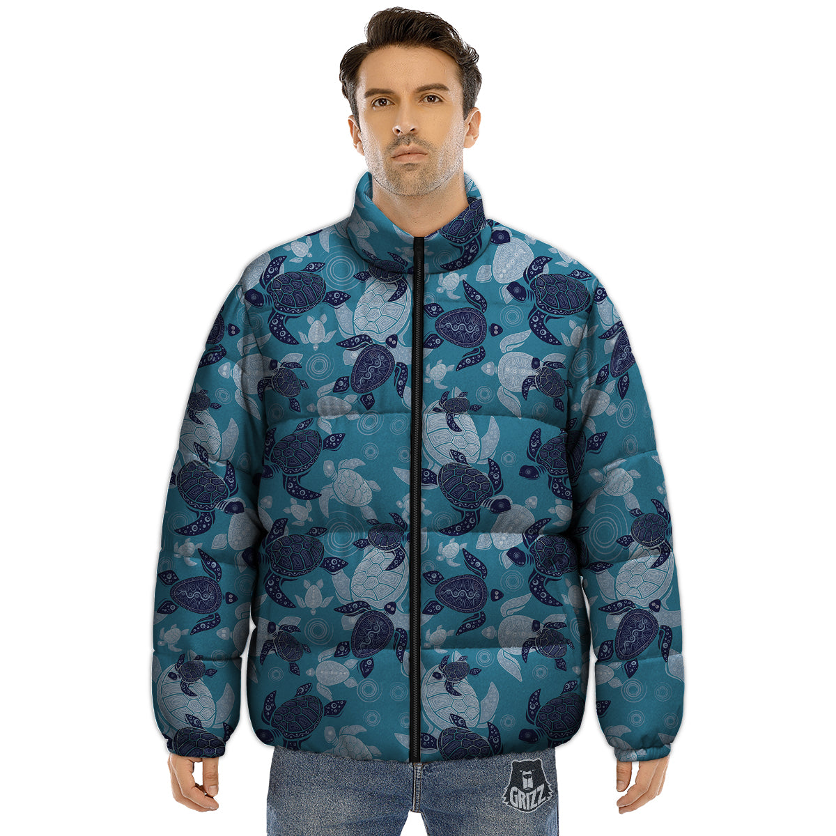 Turtle Blue And White Print Pattern Puffer Jacket-grizzshop