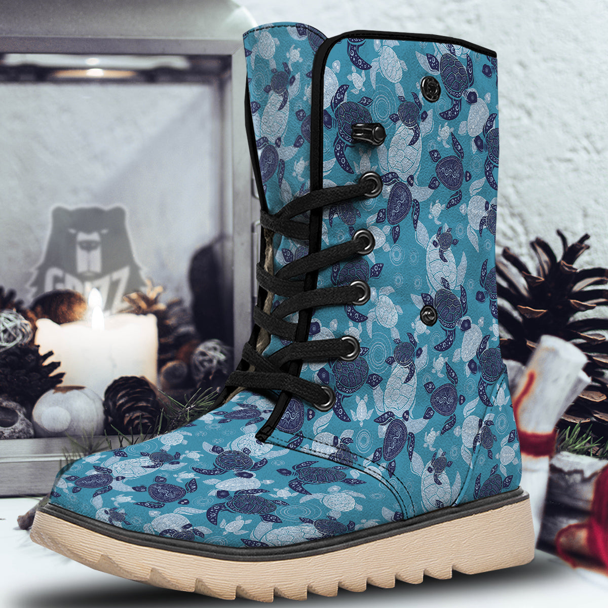 Turtle Blue And White Print Pattern Snow Boots-grizzshop
