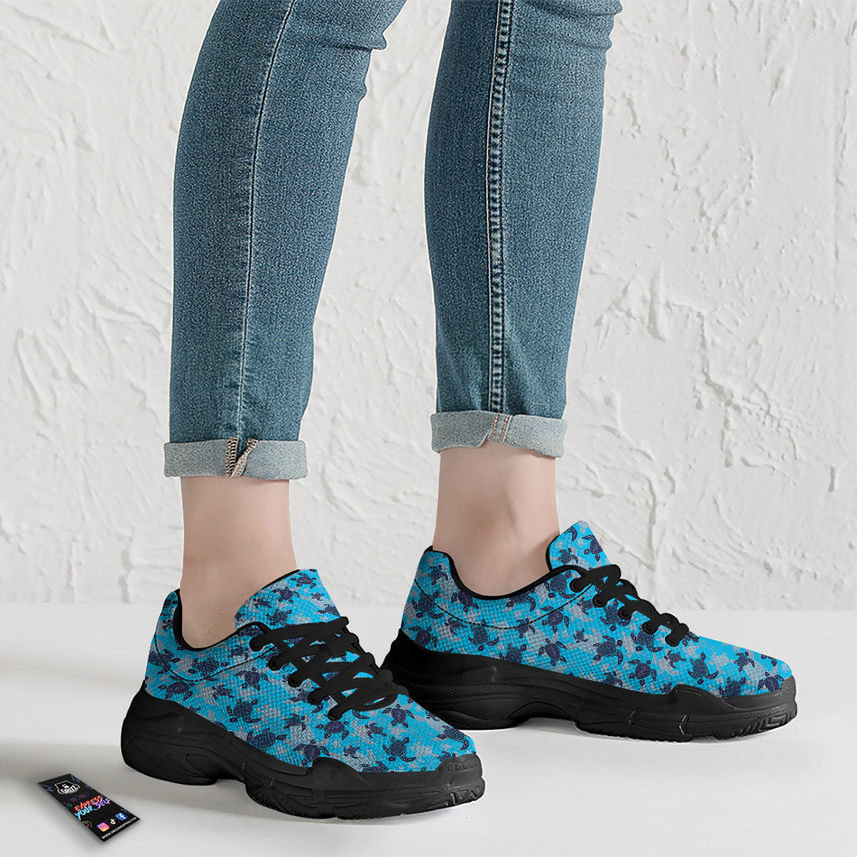 Turtle Blue Sea Print Pattern Black Chunky Shoes-grizzshop