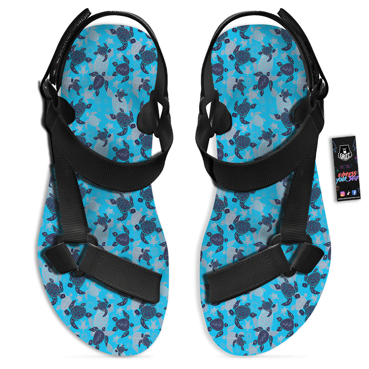 Turtle Blue Sea Print Pattern Black Open Toe Sandals-grizzshop