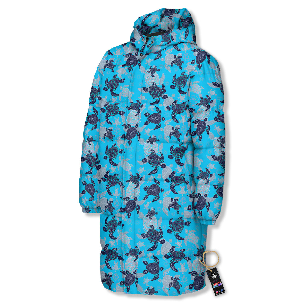 Turtle Blue Sea Print Pattern Long Down Jacket-grizzshop