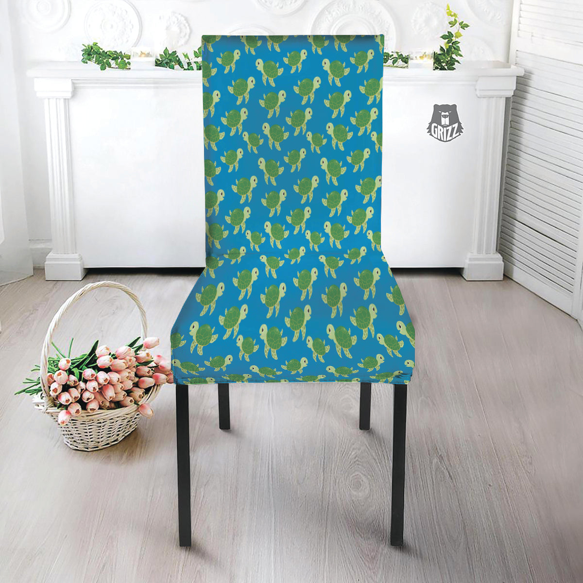 Turtle Cartoon Print Pattern Dining Chair Slipcover-grizzshop