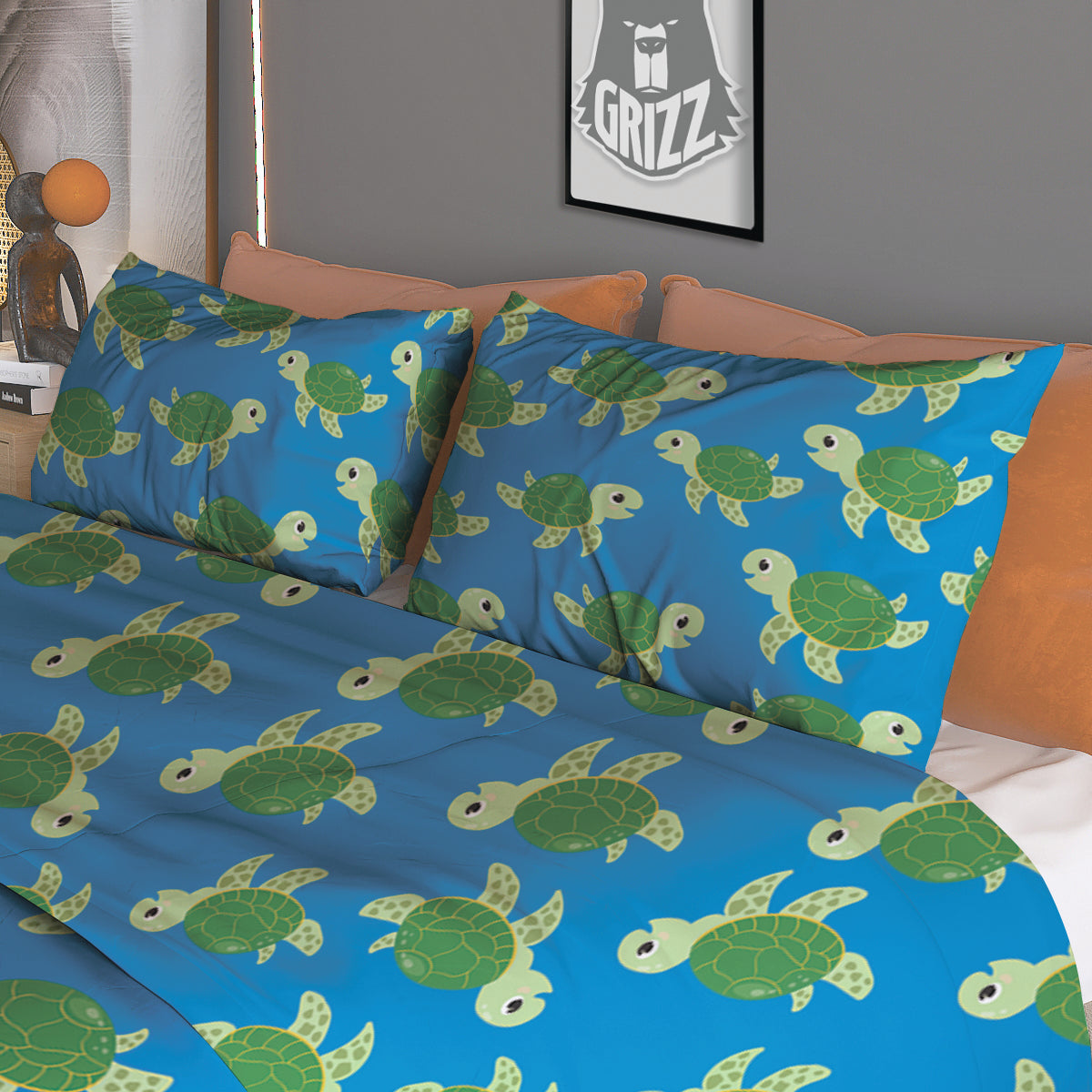 Turtle Cartoon Print Pattern Duvet Cover Bedding Set-grizzshop