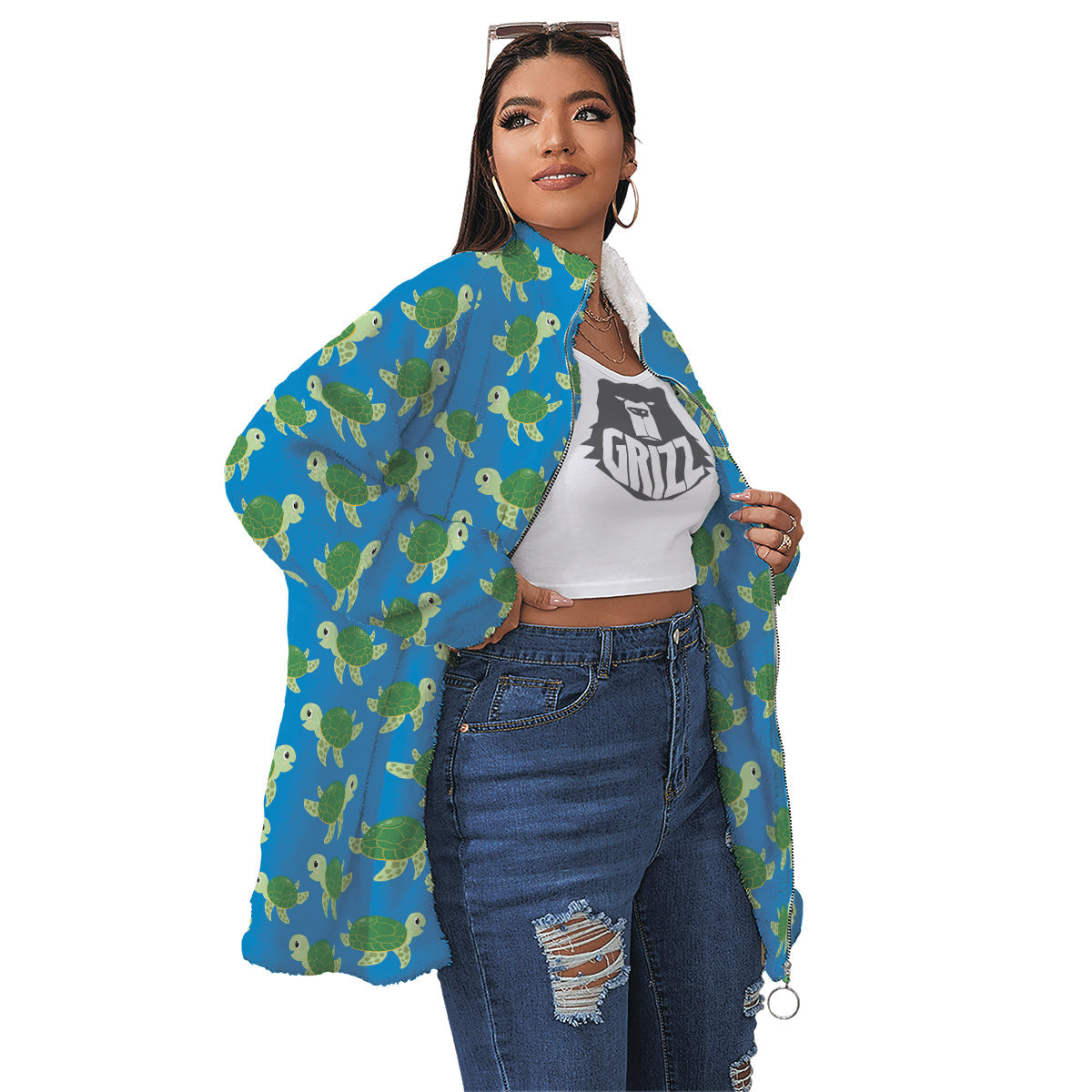 Turtle Cartoon Print Pattern Women's Sherpa Jacket-grizzshop