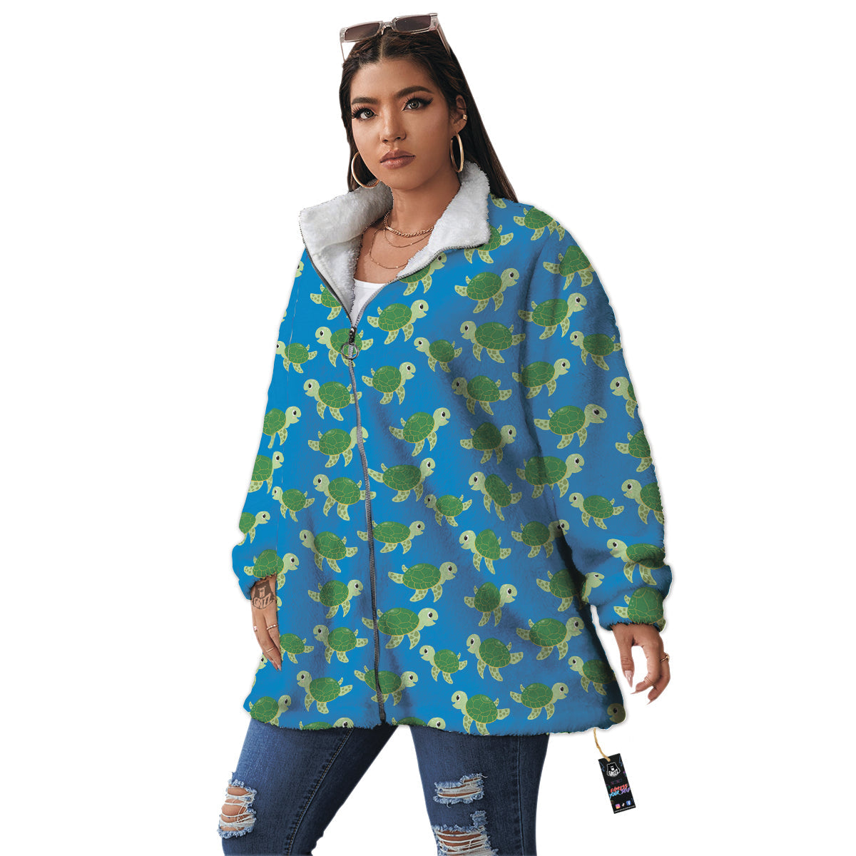 Turtle Cartoon Print Pattern Women's Sherpa Jacket-grizzshop