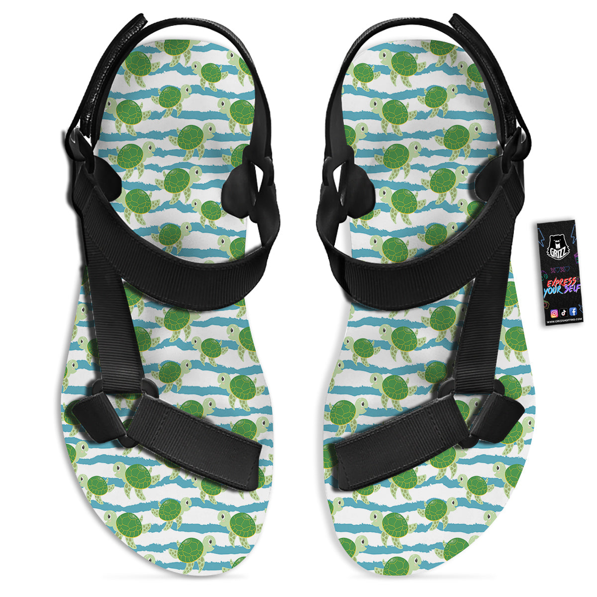 Turtle Cute Sea Print Pattern Black Open Toe Sandals-grizzshop