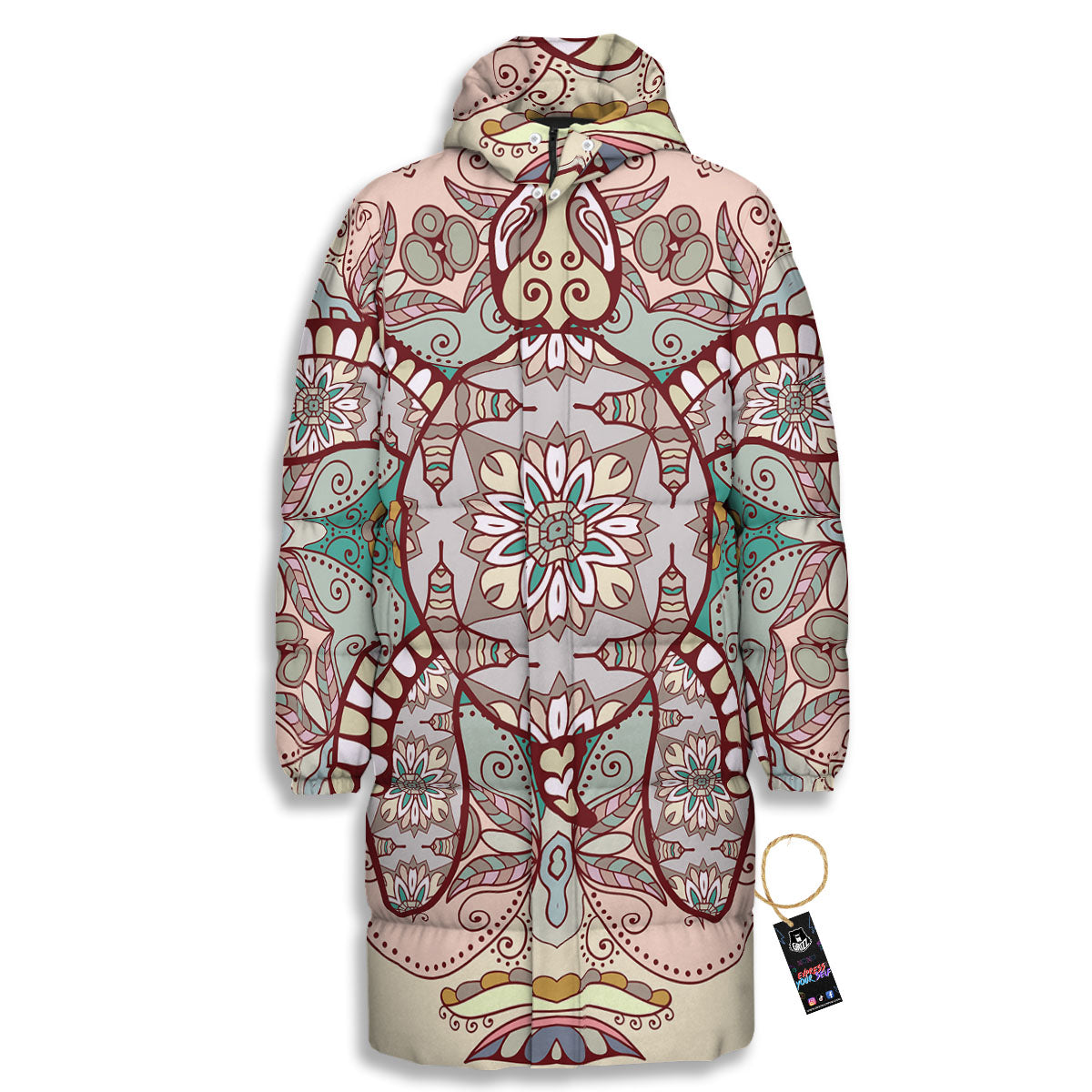 Turtle Polynesian Sea Print Long Down Jacket-grizzshop