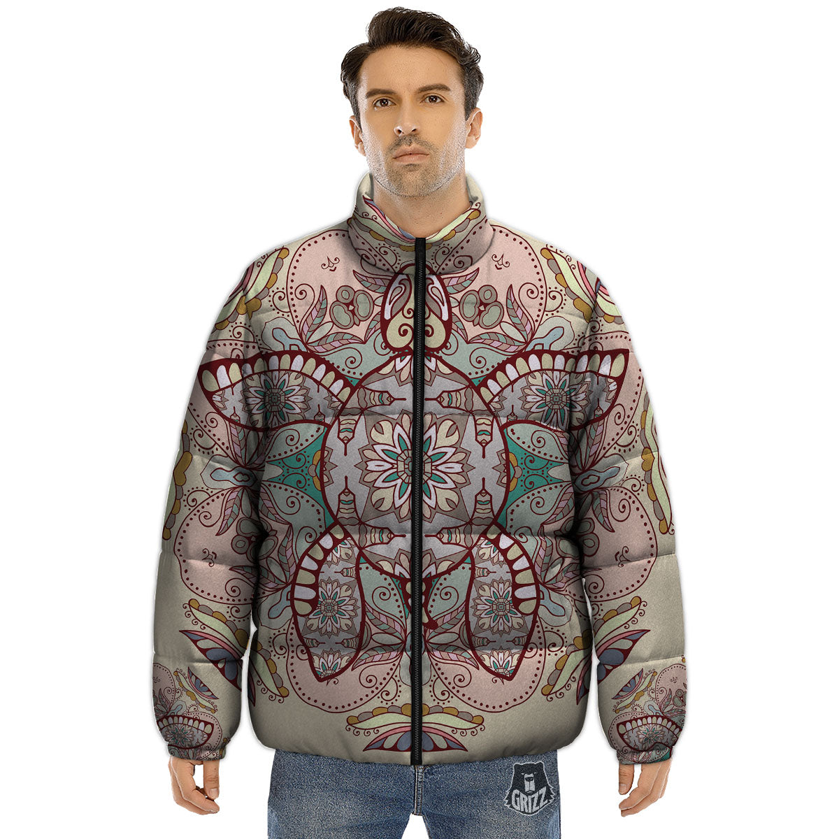 Turtle Polynesian Sea Print Puffer Jacket-grizzshop