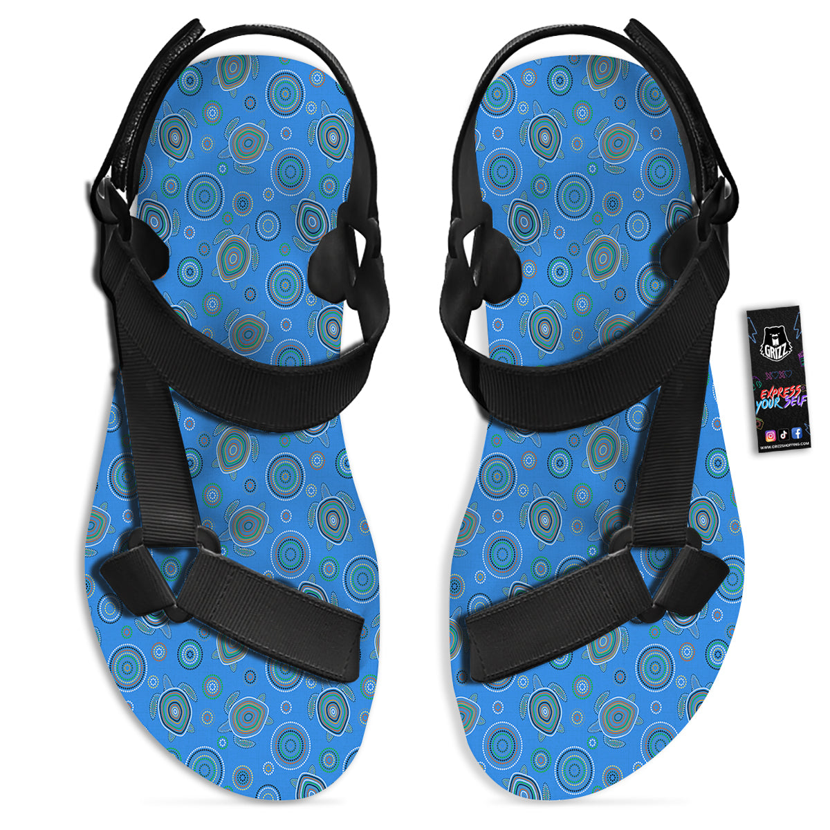 Turtle Sea Aboriginal Print Pattern Black Open Toe Sandals-grizzshop