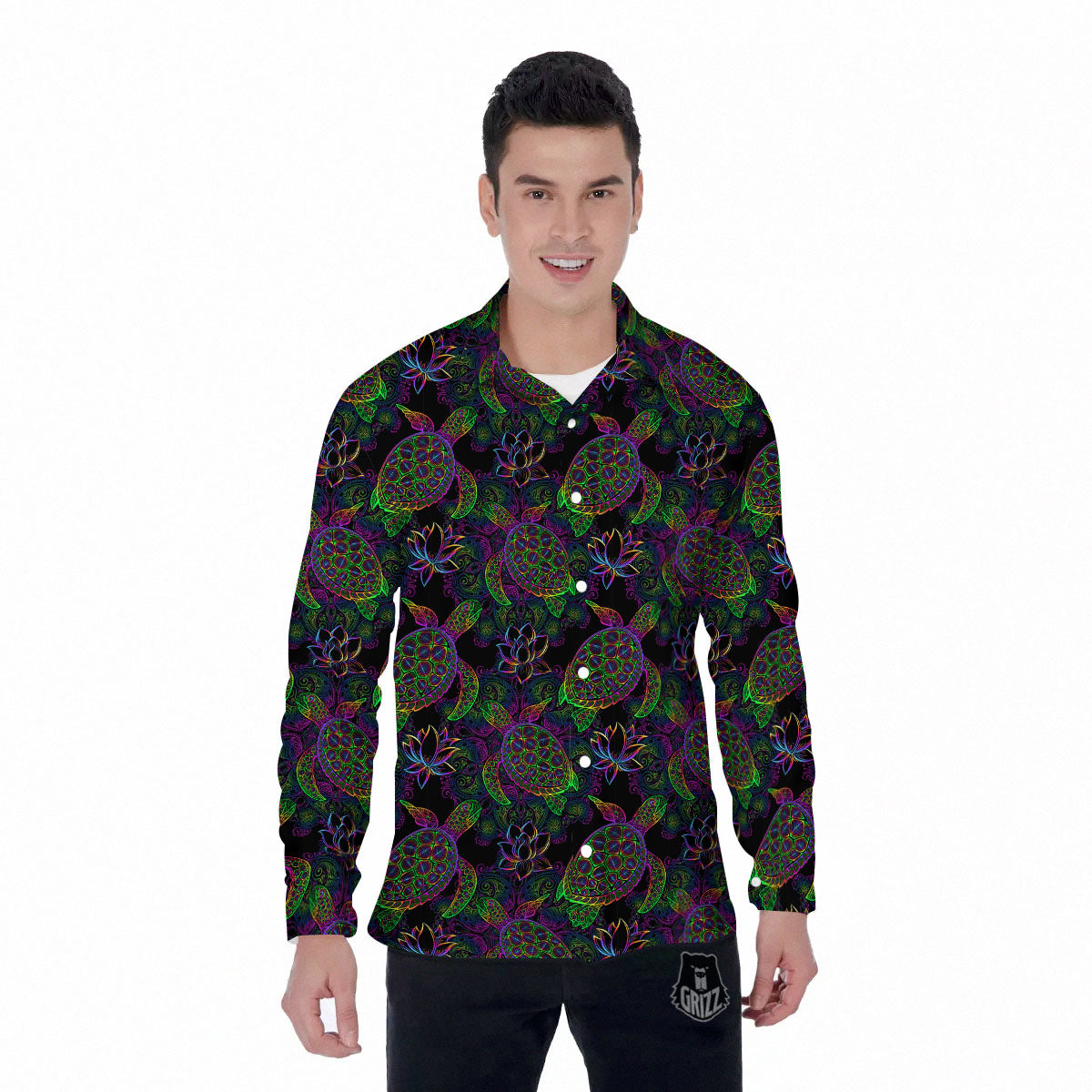 Turtle Sea Psychedelic Print Pattern Men's Long Sleeve Shirts-grizzshop
