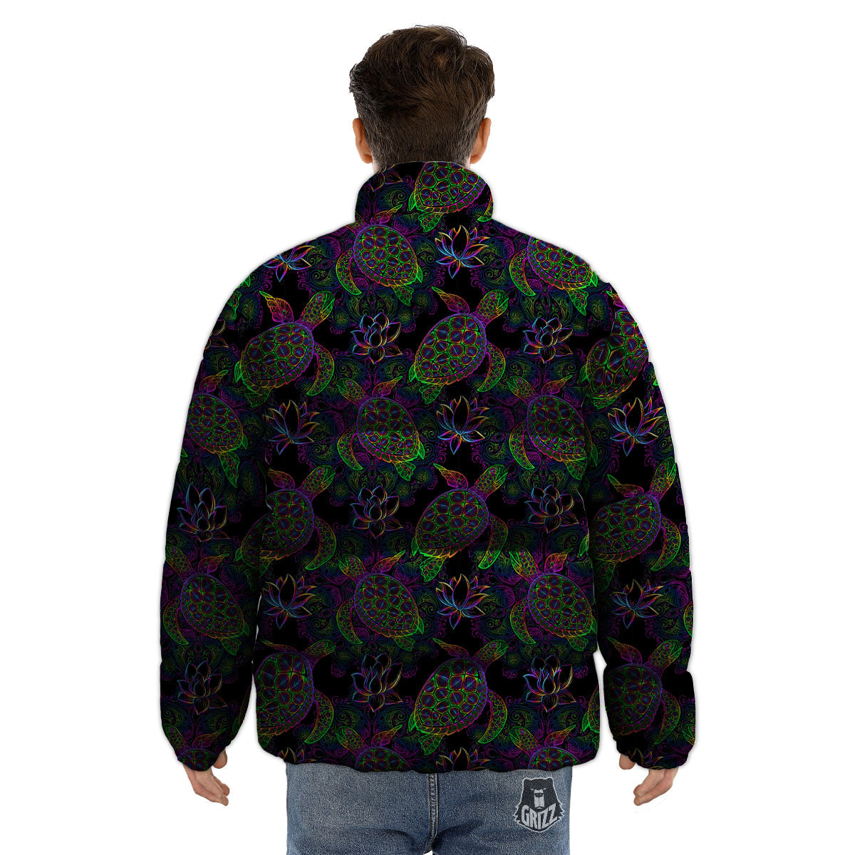 Turtle Sea Psychedelic Print Pattern Puffer Jacket-grizzshop