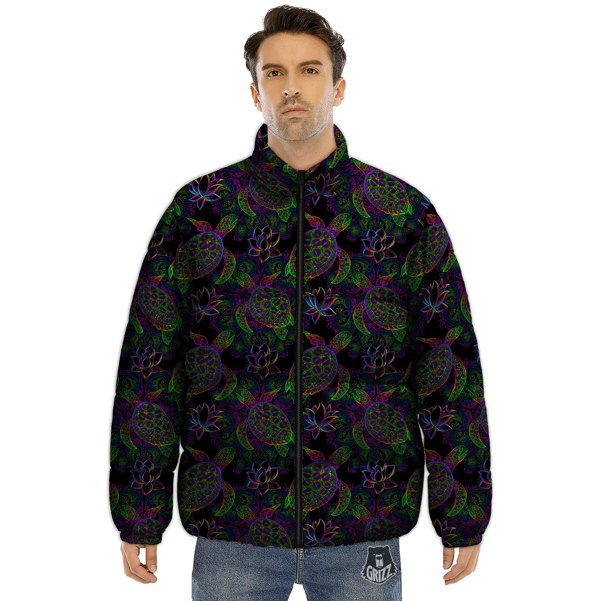 Turtle Sea Psychedelic Print Pattern Puffer Jacket-grizzshop