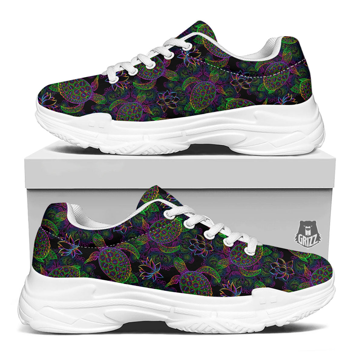 Turtle Sea Psychedelic Print Pattern White Chunky Shoes-grizzshop