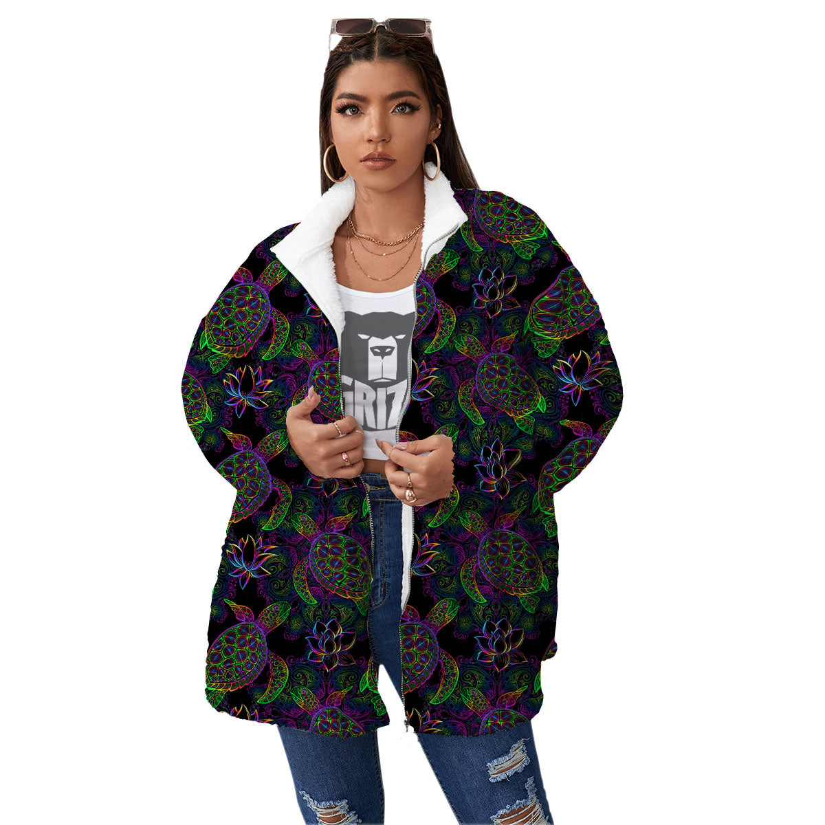 Turtle Sea Psychedelic Print Pattern Women's Sherpa Jacket-grizzshop