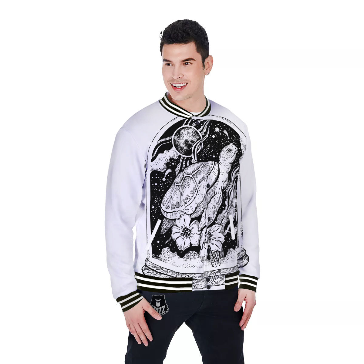Turtle Sea Zentangle Print Baseball Jacket-grizzshop