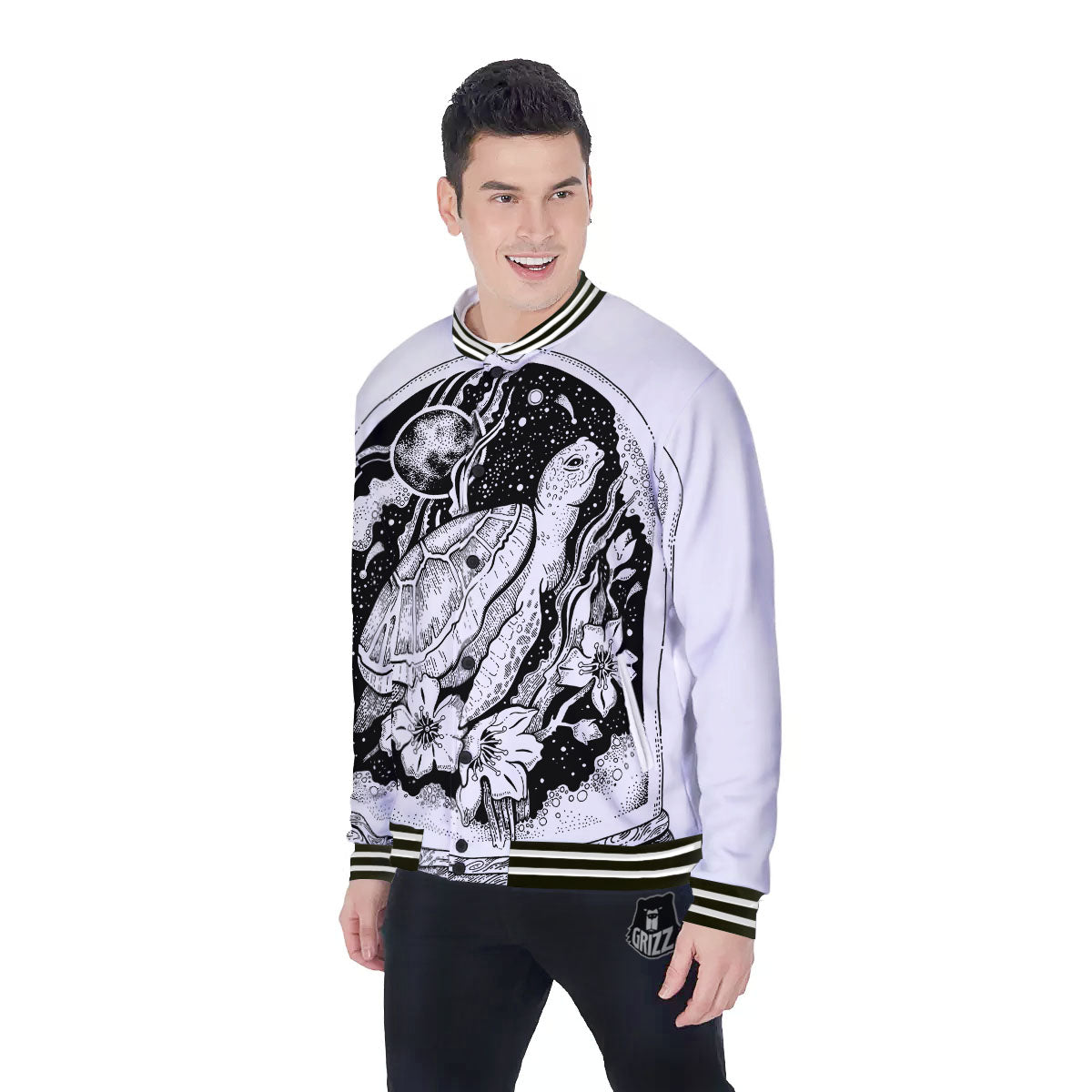 Turtle Sea Zentangle Print Baseball Jacket-grizzshop
