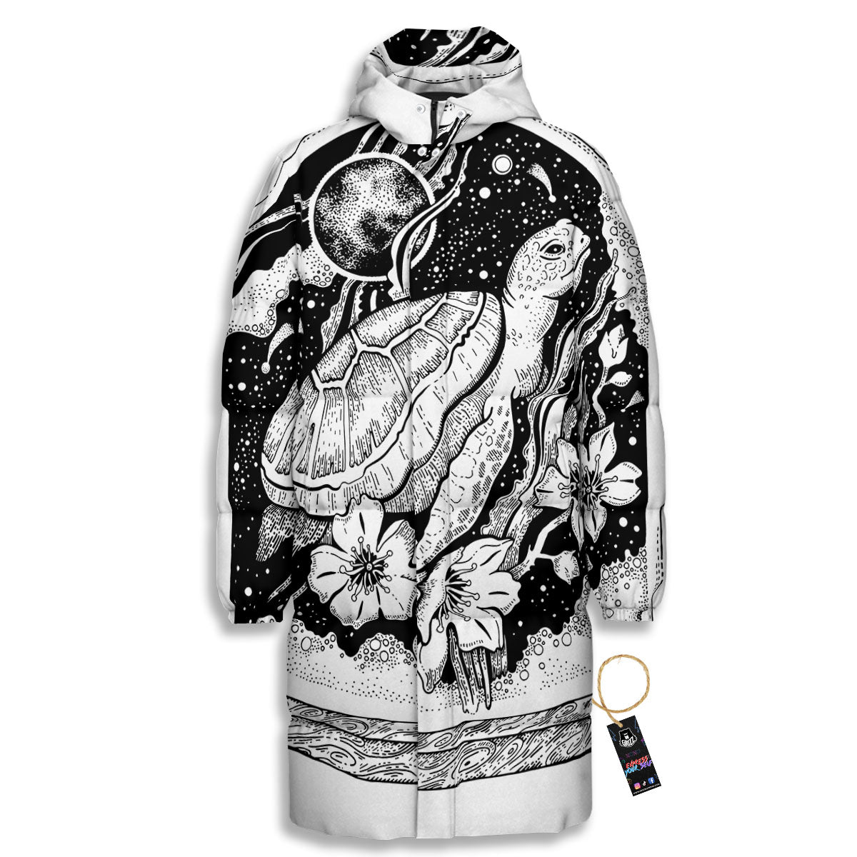 Turtle Sea Zentangle Print Long Down Jacket-grizzshop