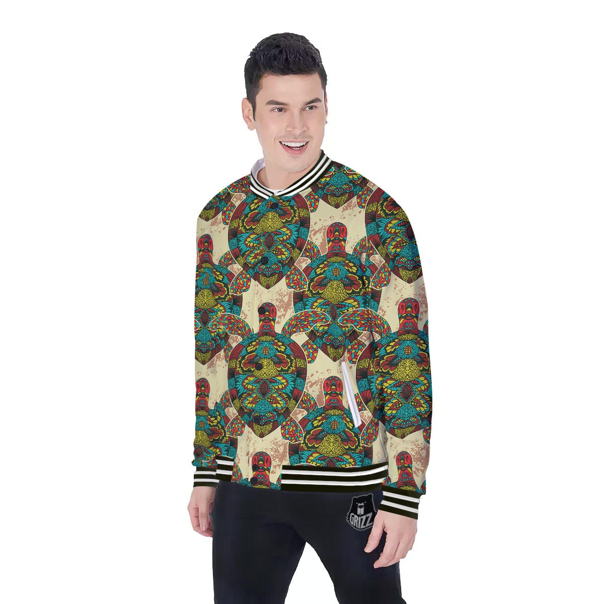 Turtle Tribal Sea Print Pattern Baseball Jacket-grizzshop