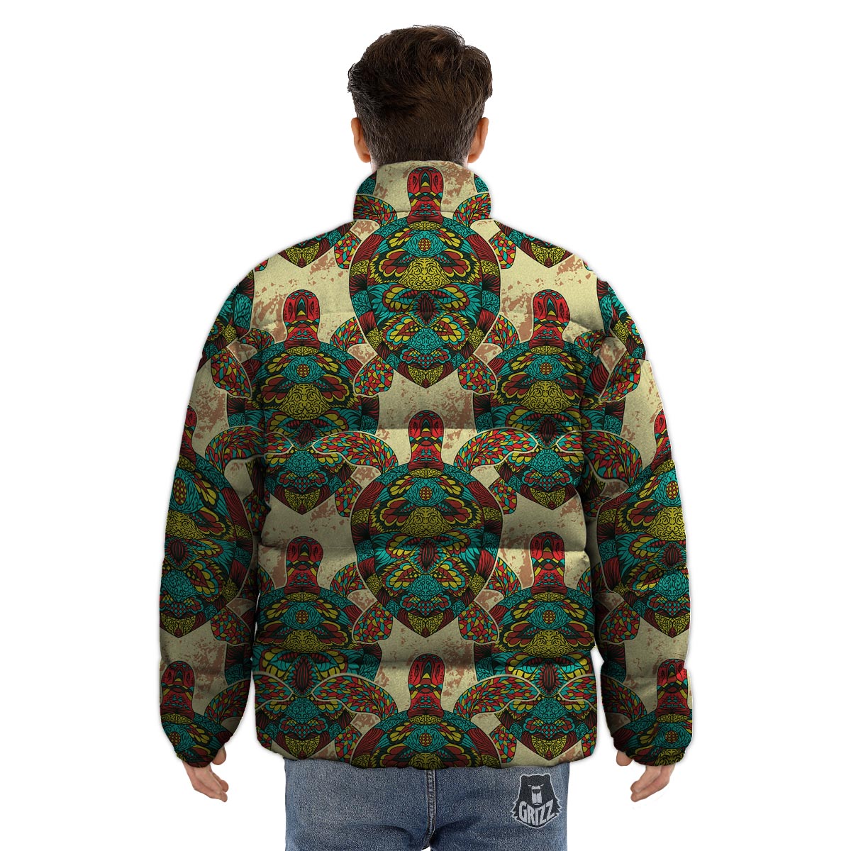 Turtle Tribal Sea Print Pattern Puffer Jacket-grizzshop