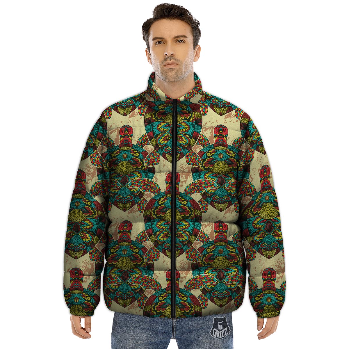 Turtle Tribal Sea Print Pattern Puffer Jacket-grizzshop