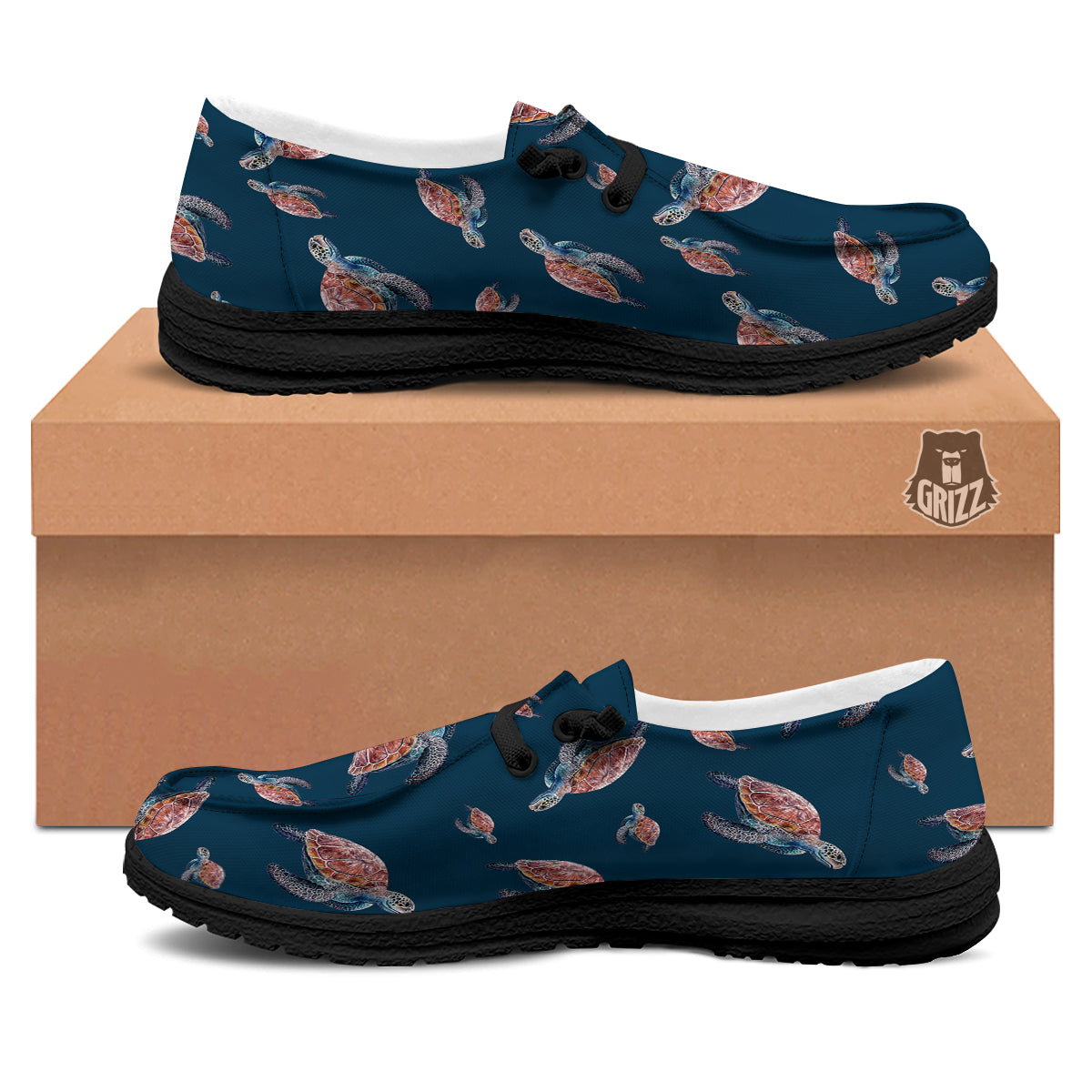 Turtle Watercolor Print Pattern Black Loafers-grizzshop