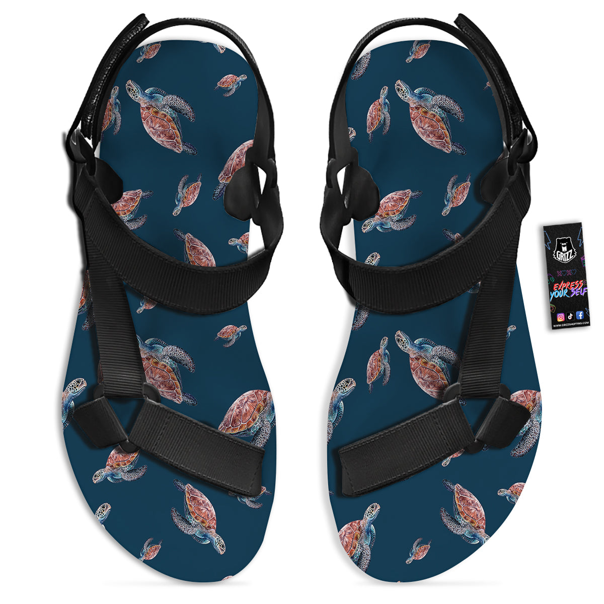 Turtle Watercolor Print Pattern Black Open Toe Sandals-grizzshop