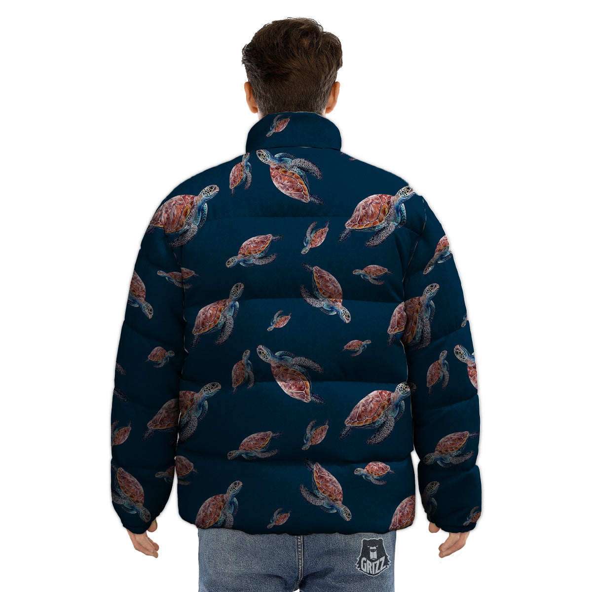 Turtle Watercolor Print Pattern Puffer Jacket-grizzshop
