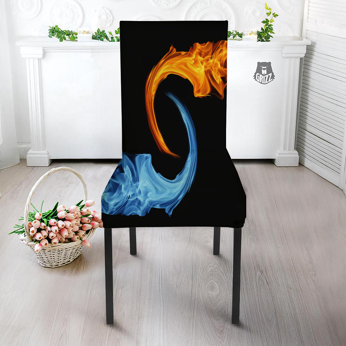 Twin Flame Blue And Red Print Dining Chair Slipcover-grizzshop